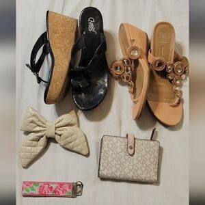 5 Random Bundle Items Size 9-9.5, Wedges,  DNKY wallet,  Hair Bow Etc, USED